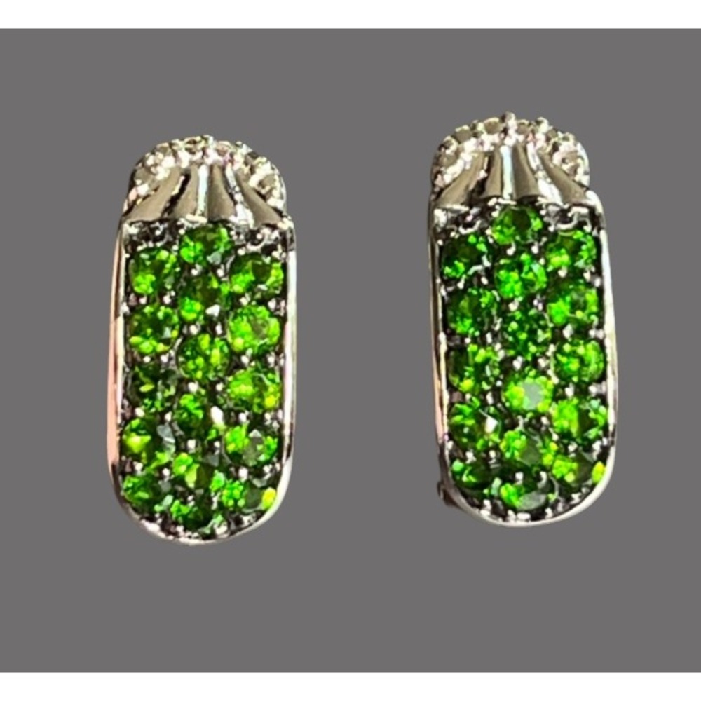 STERLING SILVER Half Hoop Earrings VIBRANT GREEN CHROME DIOPSIDE Pave Setting